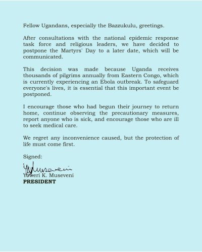 Uganda Postpones Martyrs’ Day Celebrations Over Ebola Threat