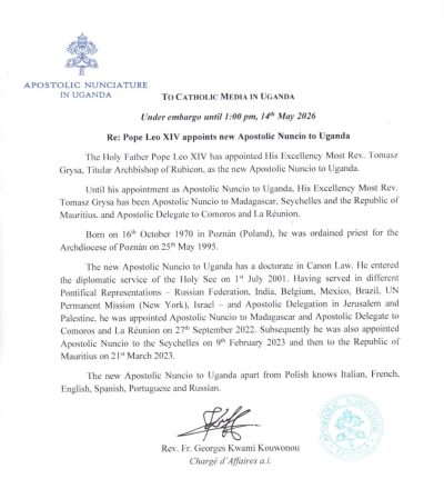 Pope Leo XIV Appoints Archbishop Tomasz Grysa as Apostolic Nuncio to Uganda